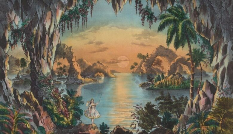 Surreale Tropenlandschaft mit Höhle, Lagune, Palmen und kleiner Figur